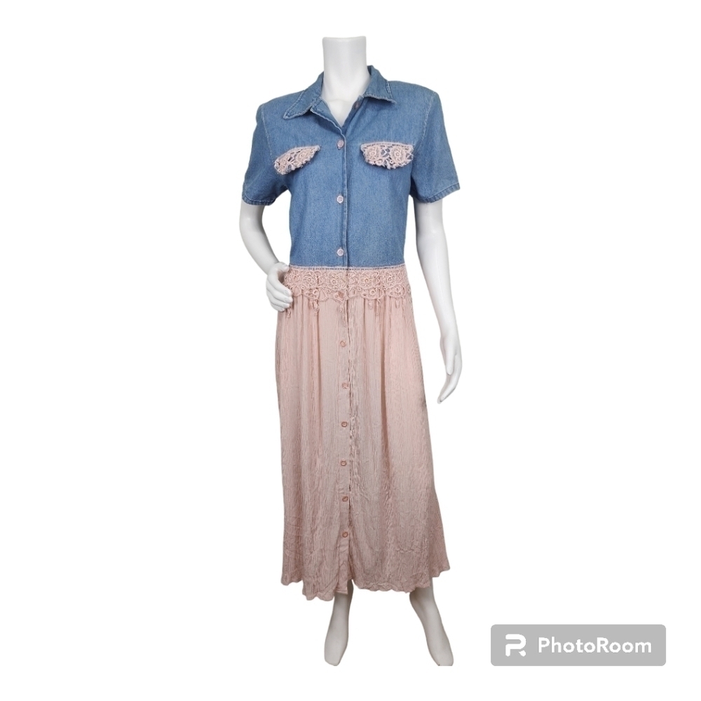 Vintage 80's 90's Casual Express Denim Gauze‎ Maxi Dress Size M